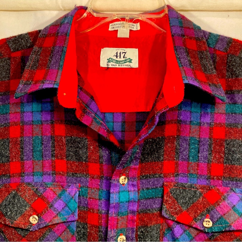 Vintage Van Heusen 417 Plaid Flannel XLT Long Collar & Sleeve Lined Button Shirt